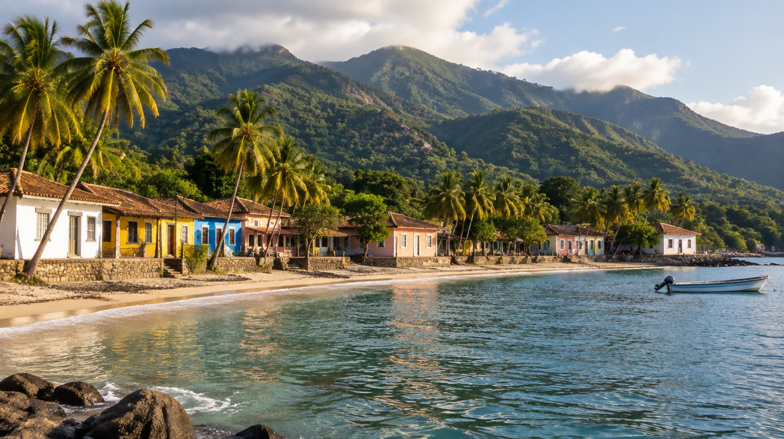 Colorful houses on the beach at Choroní, Aragua, with Henri Pittier National Park mountains behind